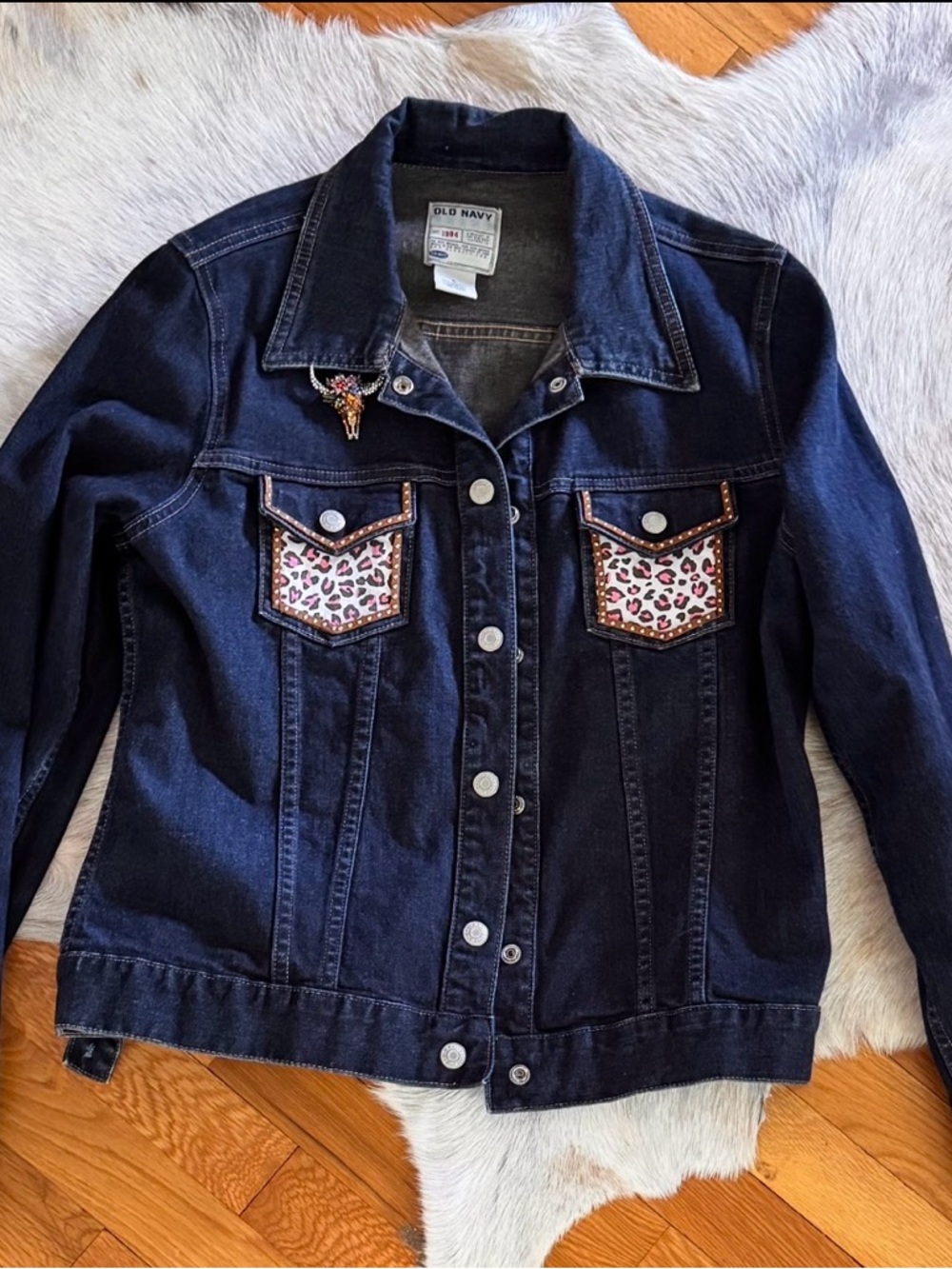 Upcycled Old Navy Dark Blue Denim Jacket with Leopard-Print Pocket Panels